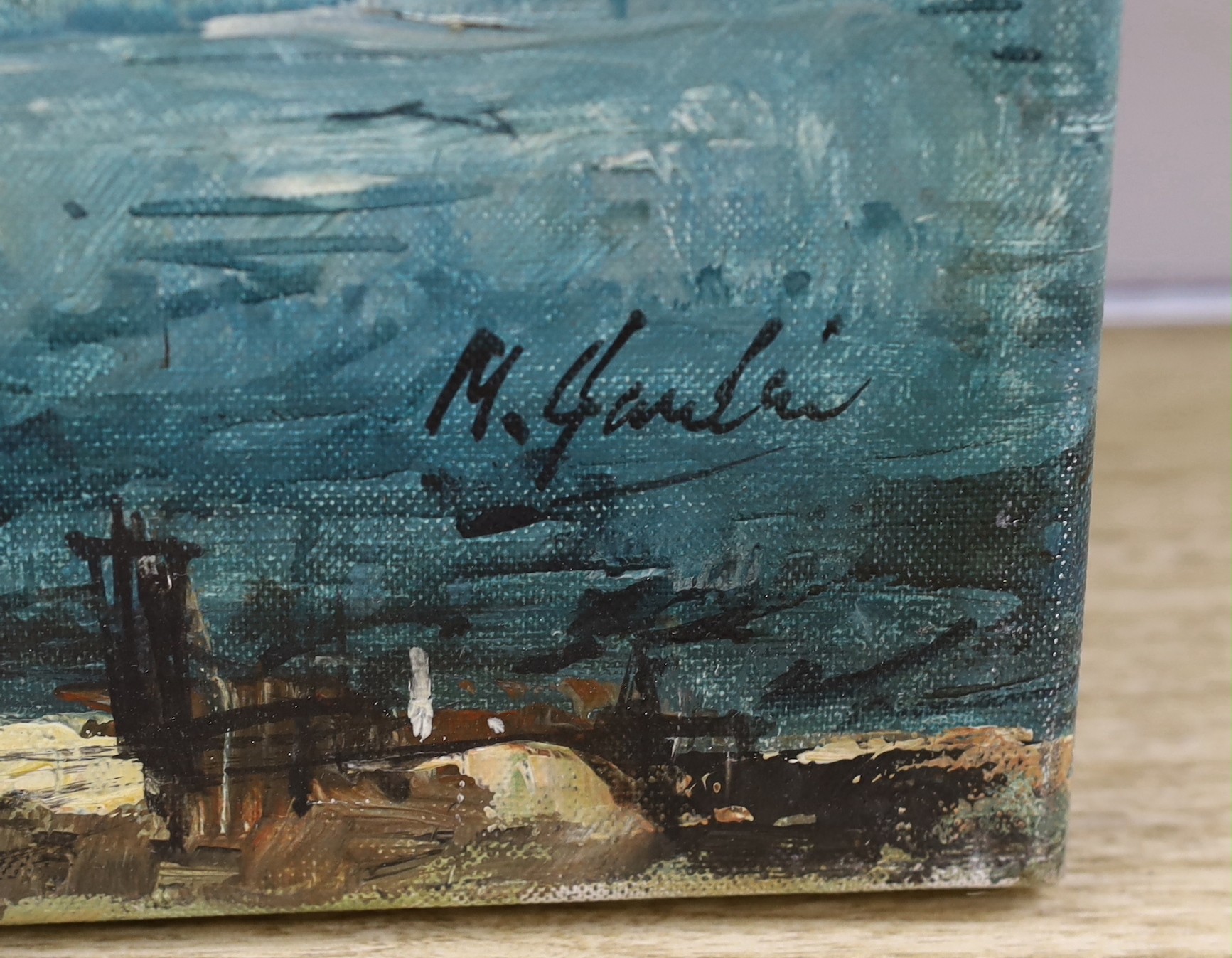 English School, oil on canvas, Fishing boats along the shore, indistinctly signed, 51 x 61cm, unframed